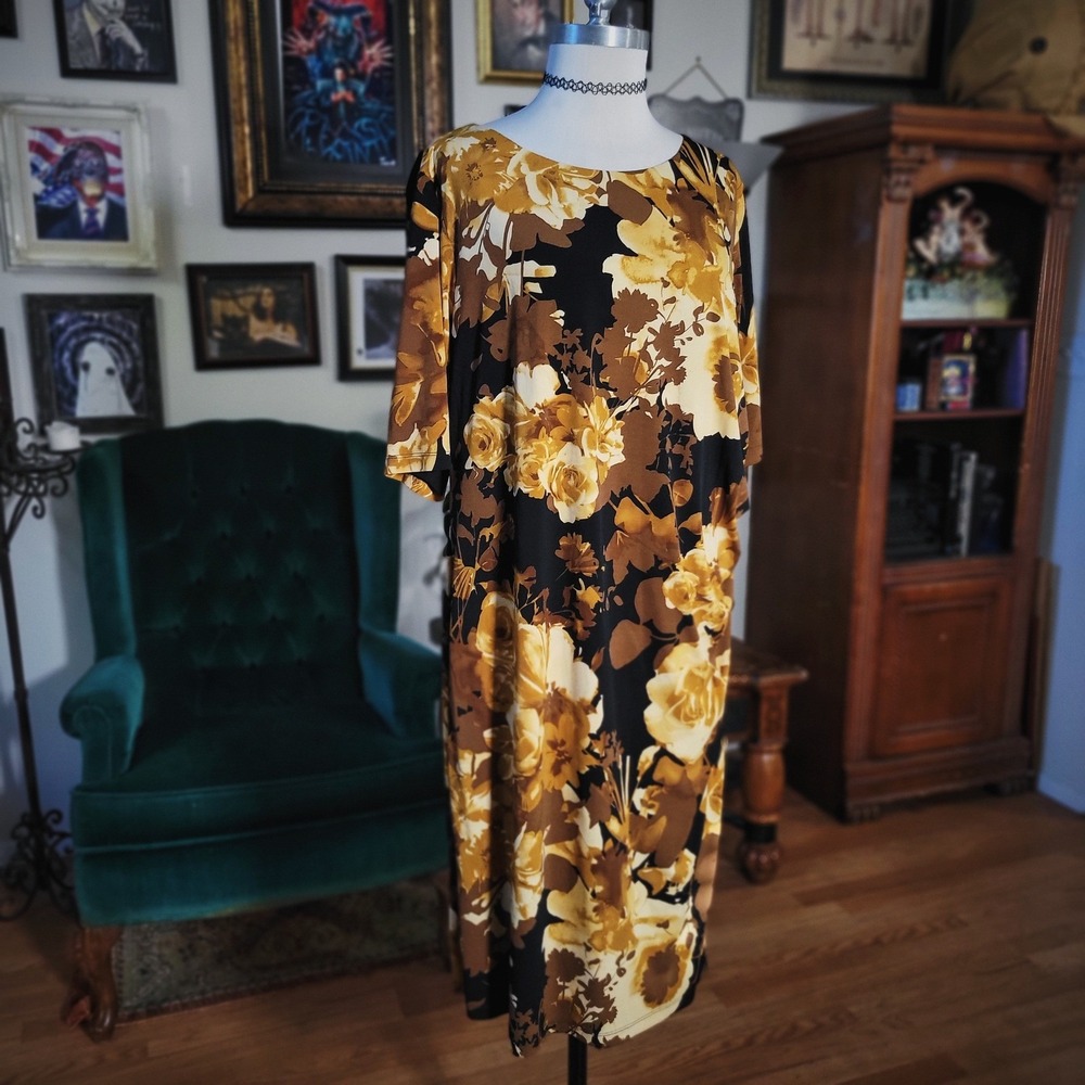 Connected Apparel Dress 18W Floral Yellow Brown Black Sheath Knee Length‎ Plus